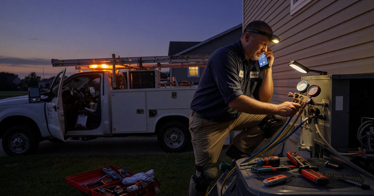 Editorial photo, HVAC technician context: HVAC After-Hours Calls: Turning 9 PM Emergencies Into Booked Mornings