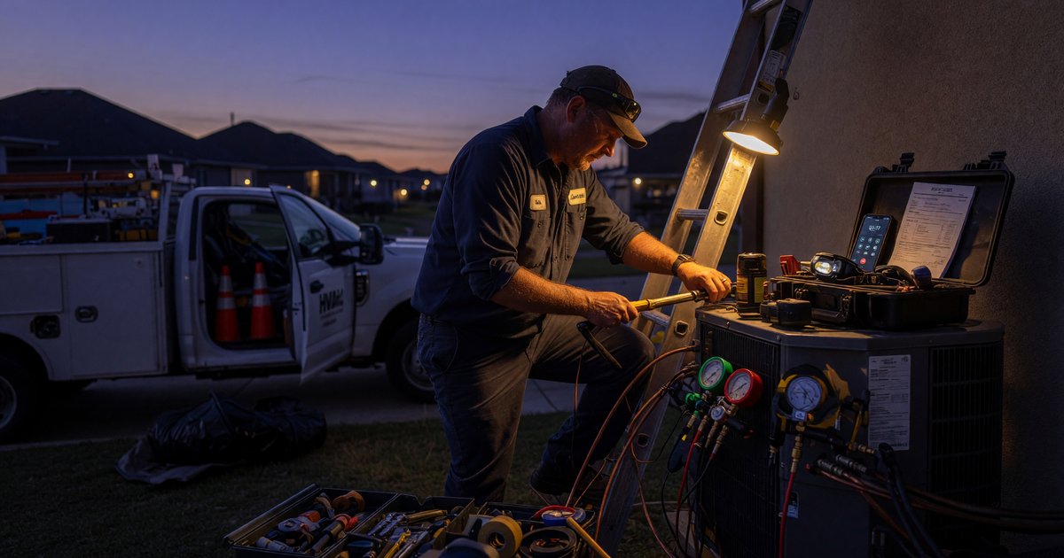 Editorial photo, HVAC technician context: Charlotte HVAC After-Hours Calls: Your Cheapest Growth Channel